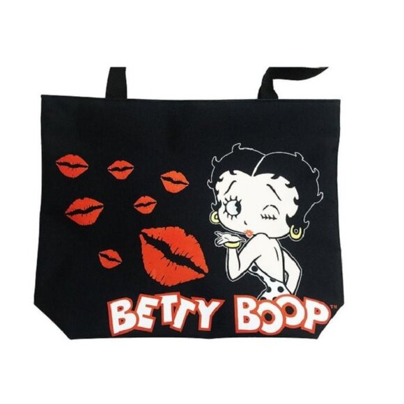 New Black Betty Boop Kisses Lips Tote Zipper Bag Large Shoulder Shopping Gift - Picture 2 of 3